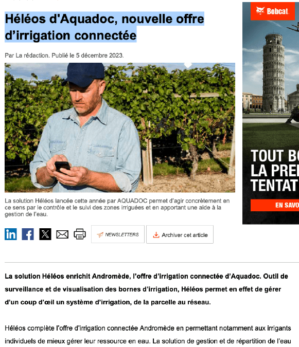 Construction Cayola.com- 5 décembre 2023- Héléos d’Aquadoc, nouvelle offre d’irrigation connectée